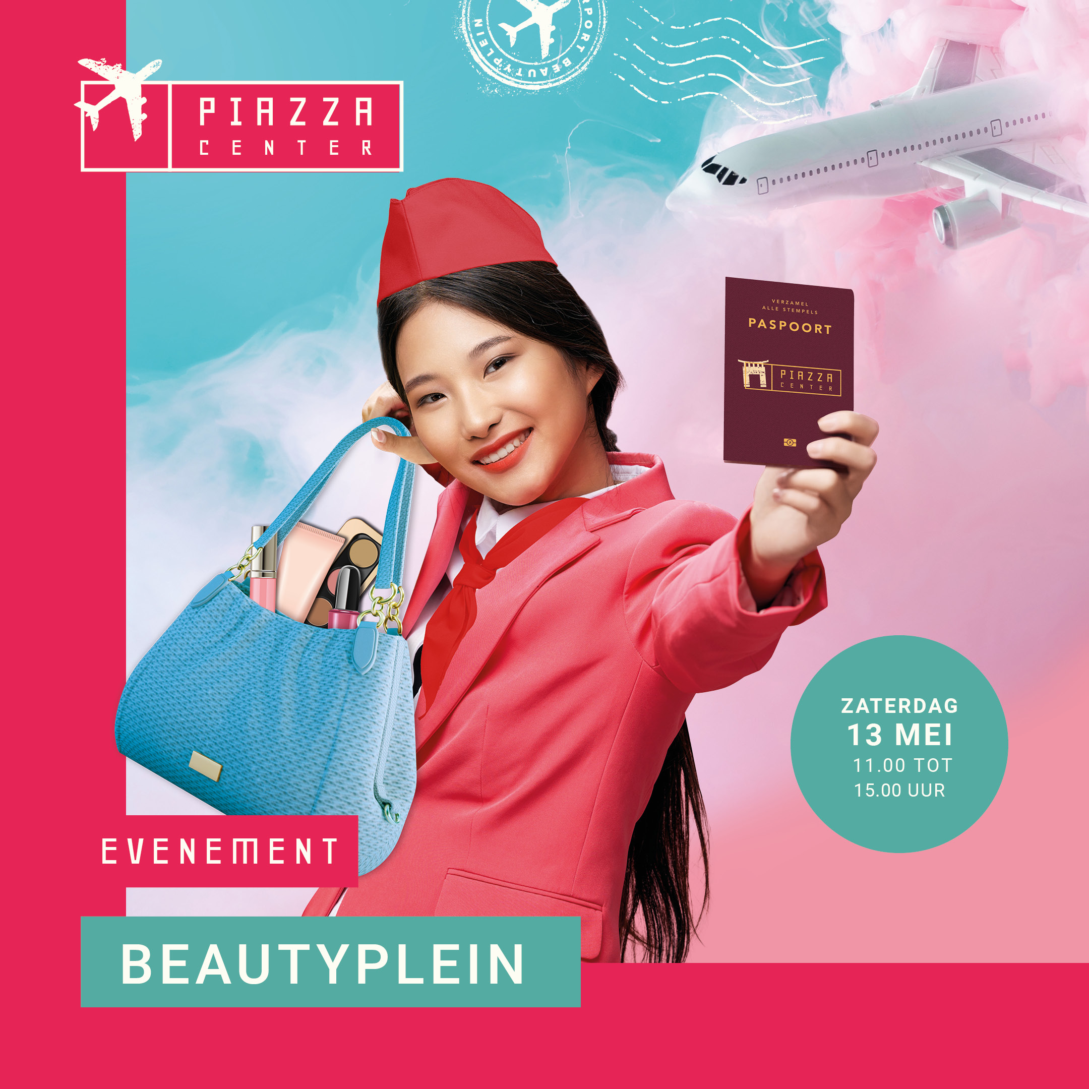 Poster met stewardess die een paspoort en tas laat zien.