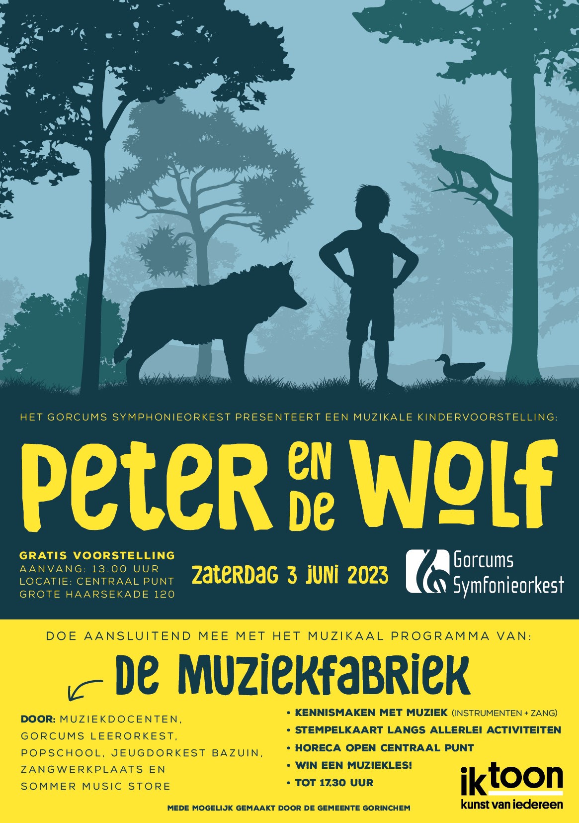 Poster van voorstelling Peter en de Wolf en de muziekfabriek