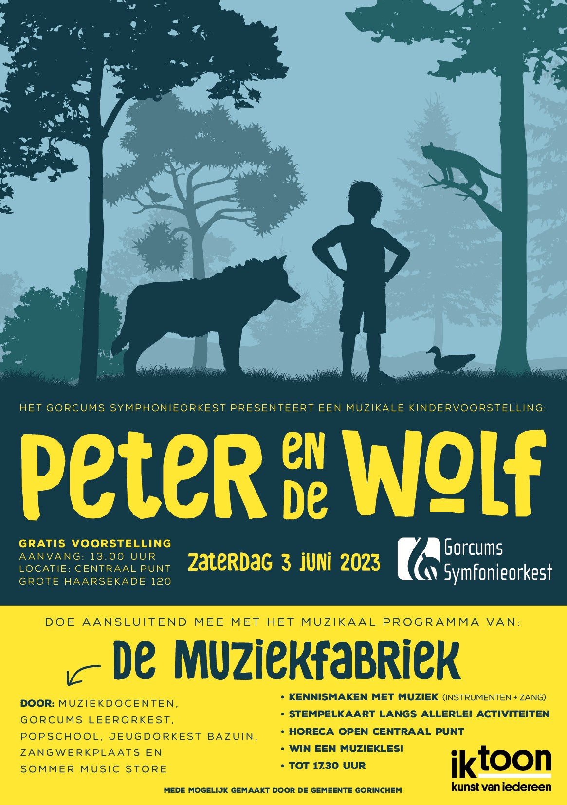 Poster van voorstelling Peter en de Wolf en de muziekfabriek