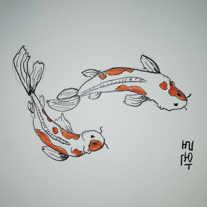 Afbeelding van tekening van vissen met inkt